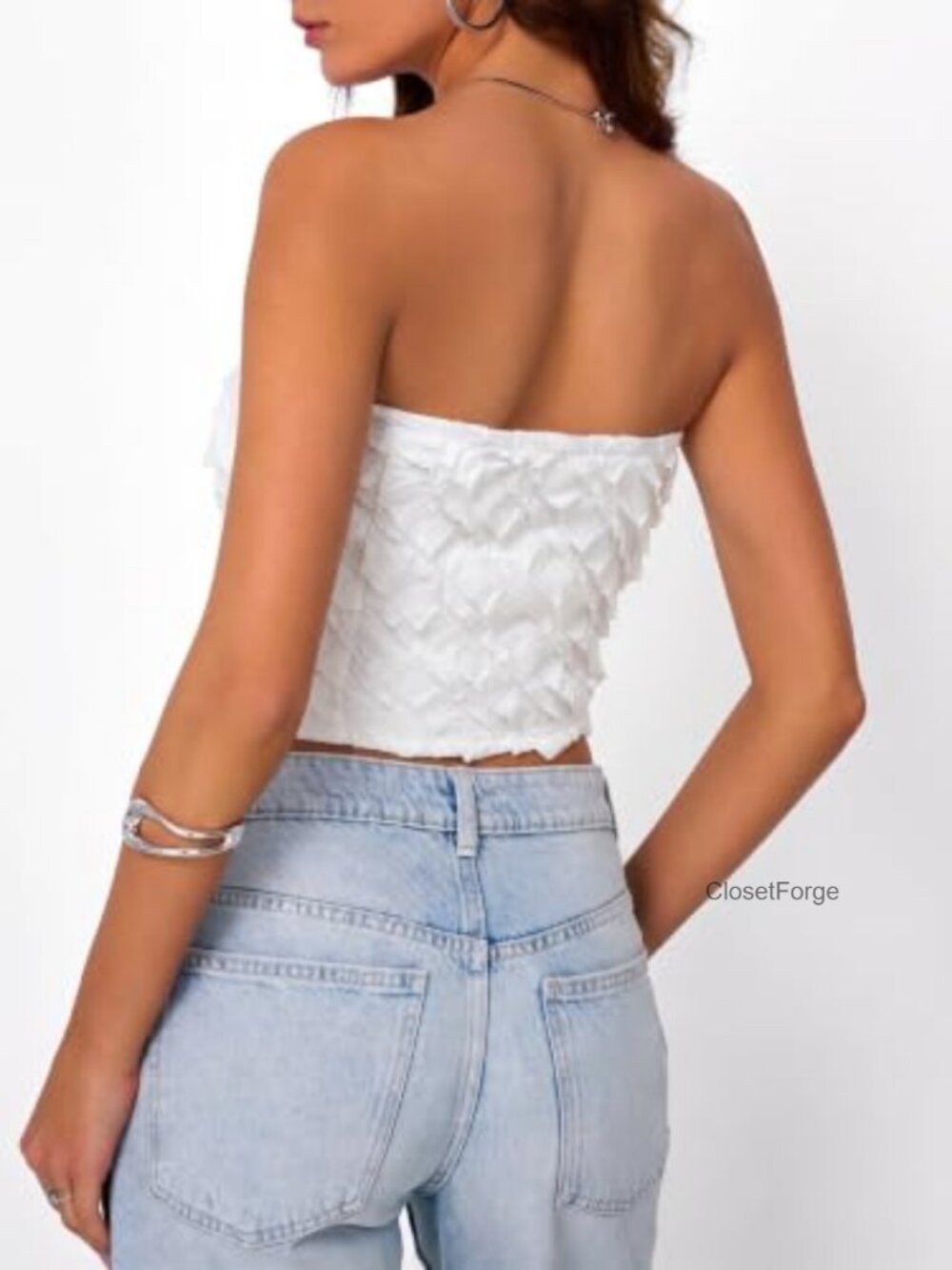 Women Strapless Bandeau Tube Top Ruffle Textured Stretchy Cropped